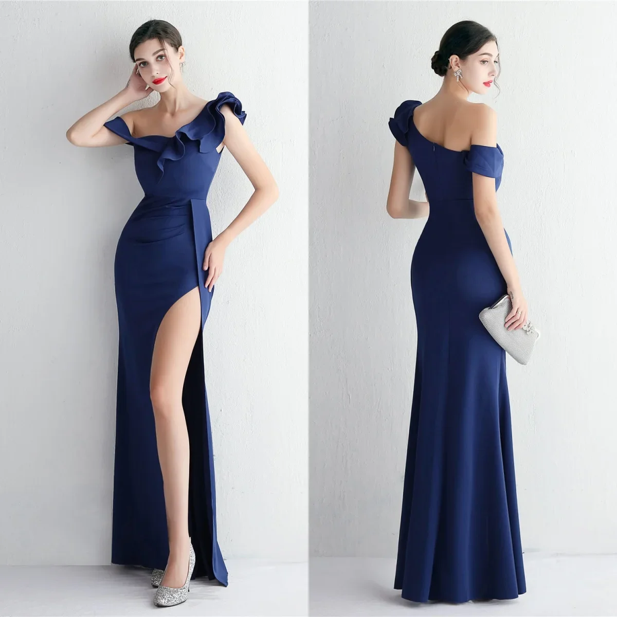 

Evening Dress Navy Blue Stretchy Off the Shoulder Ruffles Zipper Back Mermaid Trumpet Slit Floor Length Women Party Formal Gowns