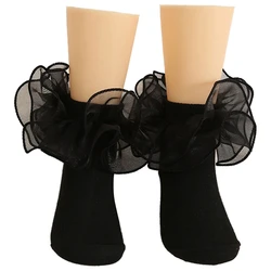 1 Pair Girls' Puffy Lace Socks Children's Combed Cotton Lace Lace Socks Baby Girl Skirt Accessories Solid Color Socks