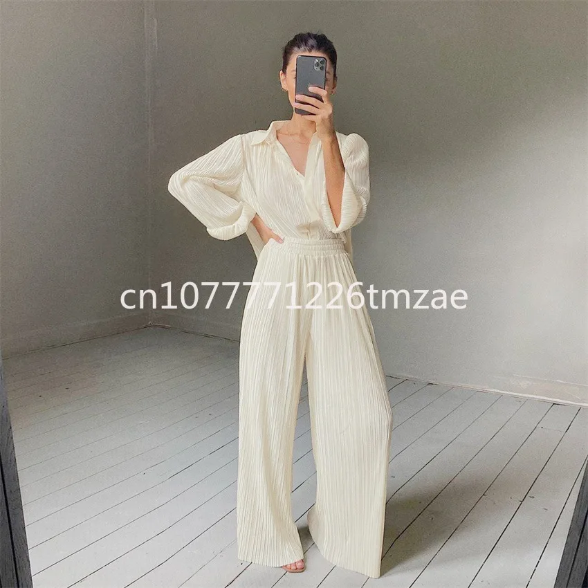 Pleated Comfortable Loose Trousers Single-Breasted Long Sleeve Shirt Casua 2024 Spring and Autumn New Women's Two-Piece Suit