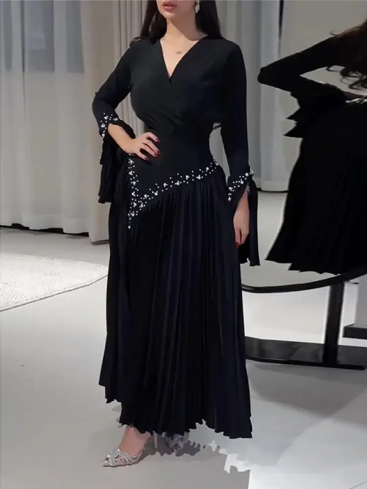 Tinaa Black Pleated Rhinestone Maxi Dresses 2024 Fashion Autumn Spring Flared Sleeves Pleated Rhinestone Dresses for Female