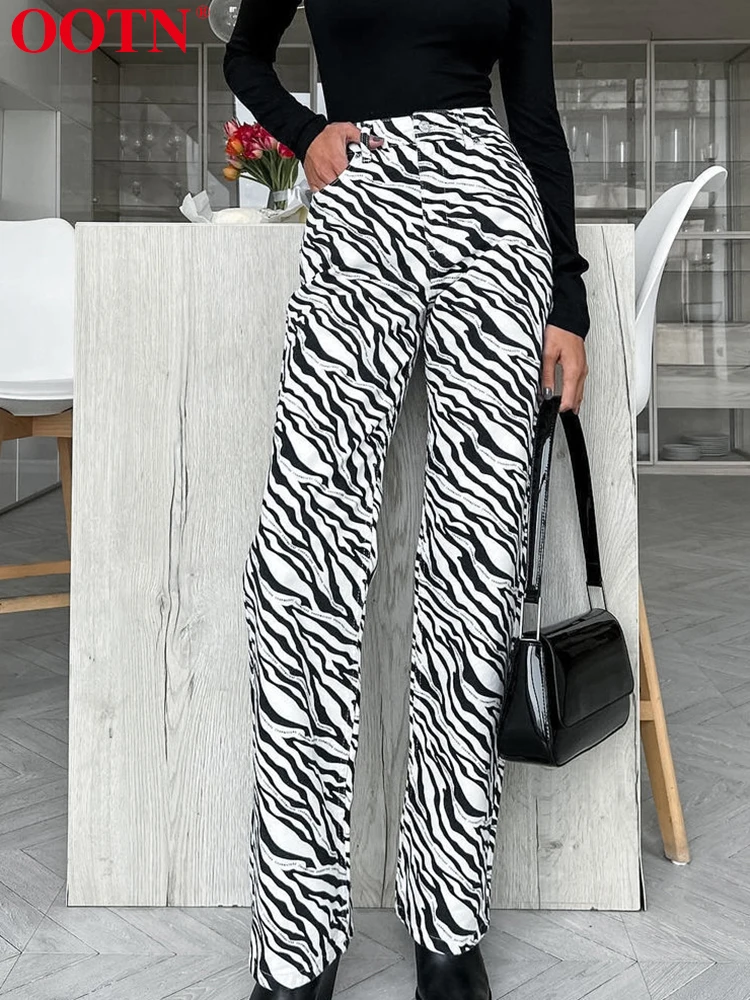

OOTN Fashion Print Trousers Women Casual High Waist Wide Leg Pants Loose Streetwear Office Lady 2024 Autumn Female Elegant