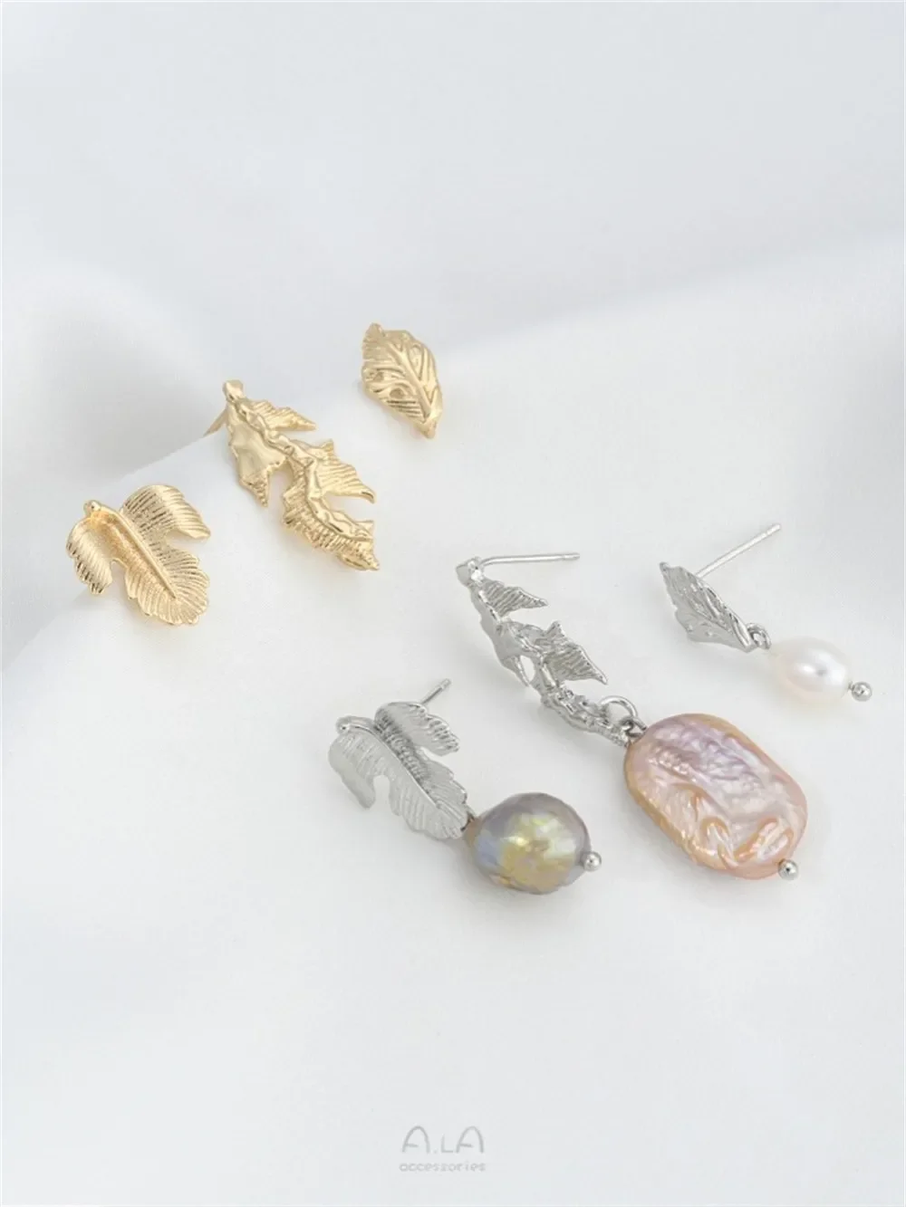 925 Silver Needle 14K Gold Color with Hanging Rings Leaf Stud Accessories DIY Handmade Earrings Ear Jewelry Material E403