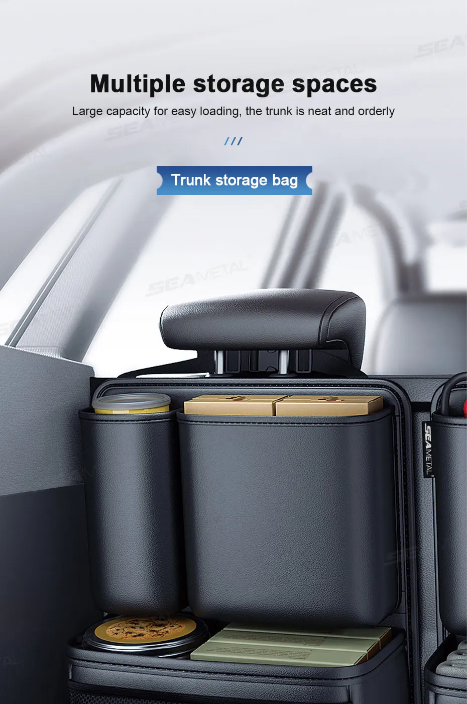 SEAMETAL Auto Stamm Pu Leder Lagerung Tasche Innen Auto Rücksitz Tasche Große Kapazität Hängen Organizer Für SUV Limousine Fließheck – Detail 2