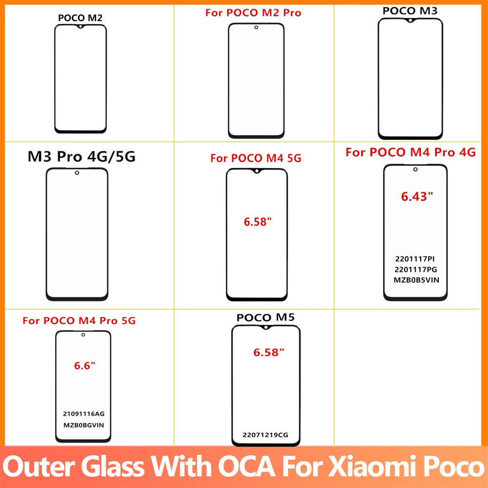 Outer Glass  + OCA For Xiaomi POCO M2 M3 M5 M4 Pro 4G 5G  Front Touch Panel LCD Display Replace Repair Parts