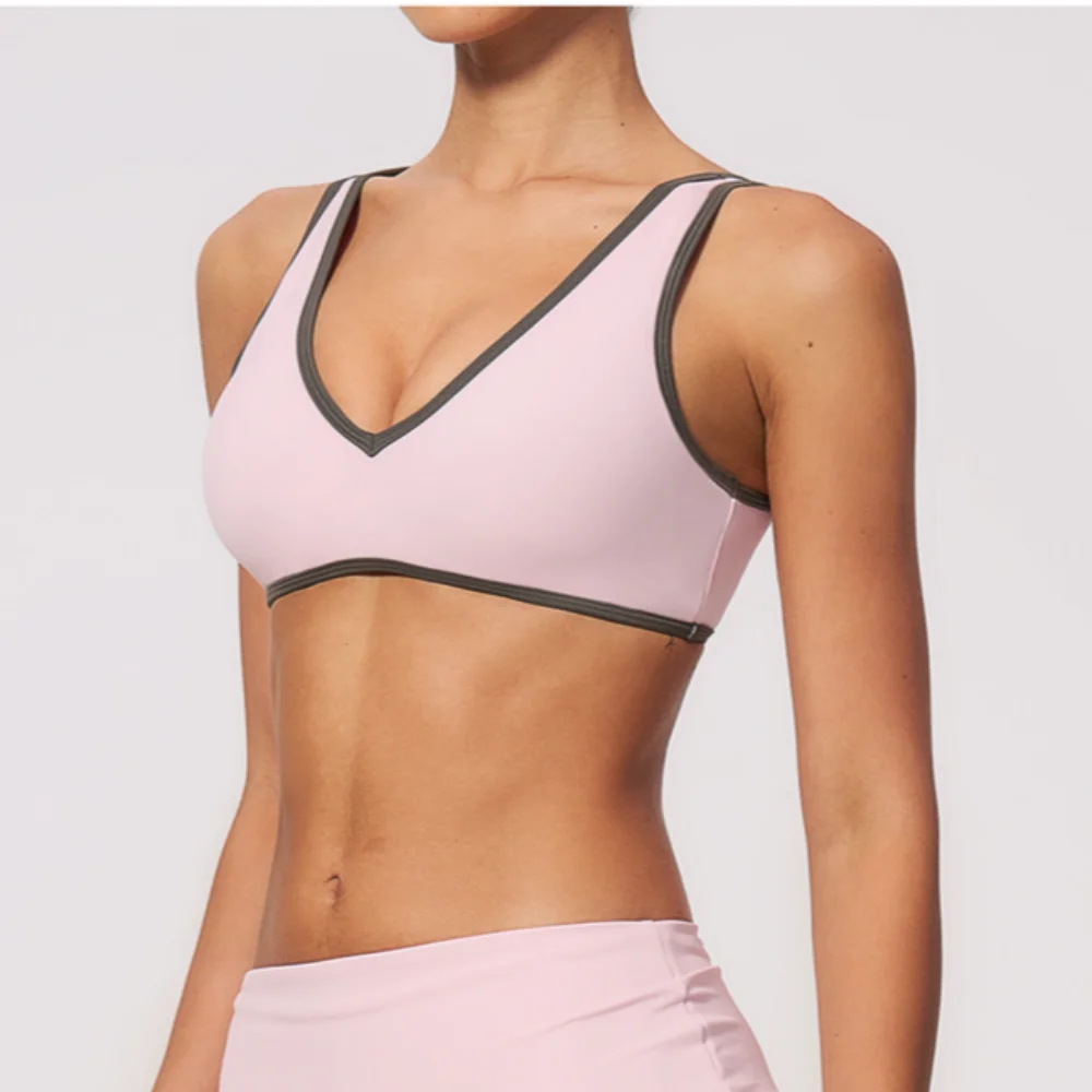 Women Push Up Sports Bra U‑Back Fitness Tank V‑Neck Gym Workout Top Vest Contrast Trim Underwear Soft Push Up Running Yoga Top