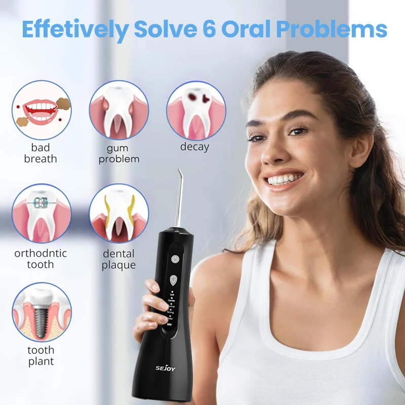 SEJOY Dental Oral Irrigator Water Flosser Thread Teeth Pick Mouth Washing Machine 5 Nozzles 5 Modes USB Rechargeable 300ml Tank