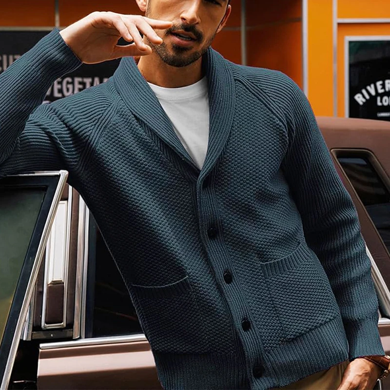 2024 Fall Winter Casual Sweatercoats Mens Vintage Lapel Buttoned Pockets Knitted Jacket Coat For Men Trendy Solid Color Cardigan