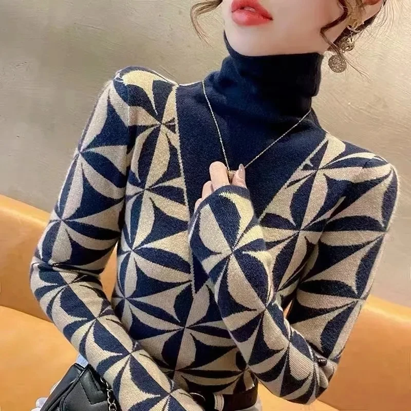 

Women's Clothing Chic Five-pointed Star Knit Pullovers Autumn Winter Elegant All-match Slim Turtleneck Sweaters Lady Fashion Top