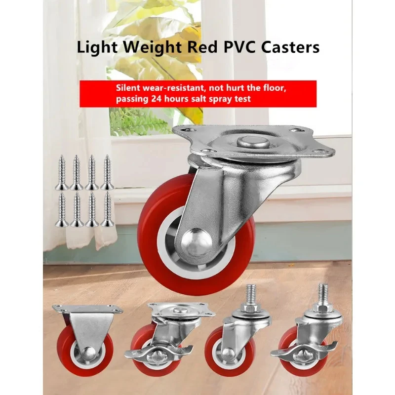 4 Pcs/Lot 1.5/2/2.5/3 Inch Red PVC Flat Casters Fixed/Universal/Brake Wheels Silent Coffee Table Pulley Light for Furniture Push