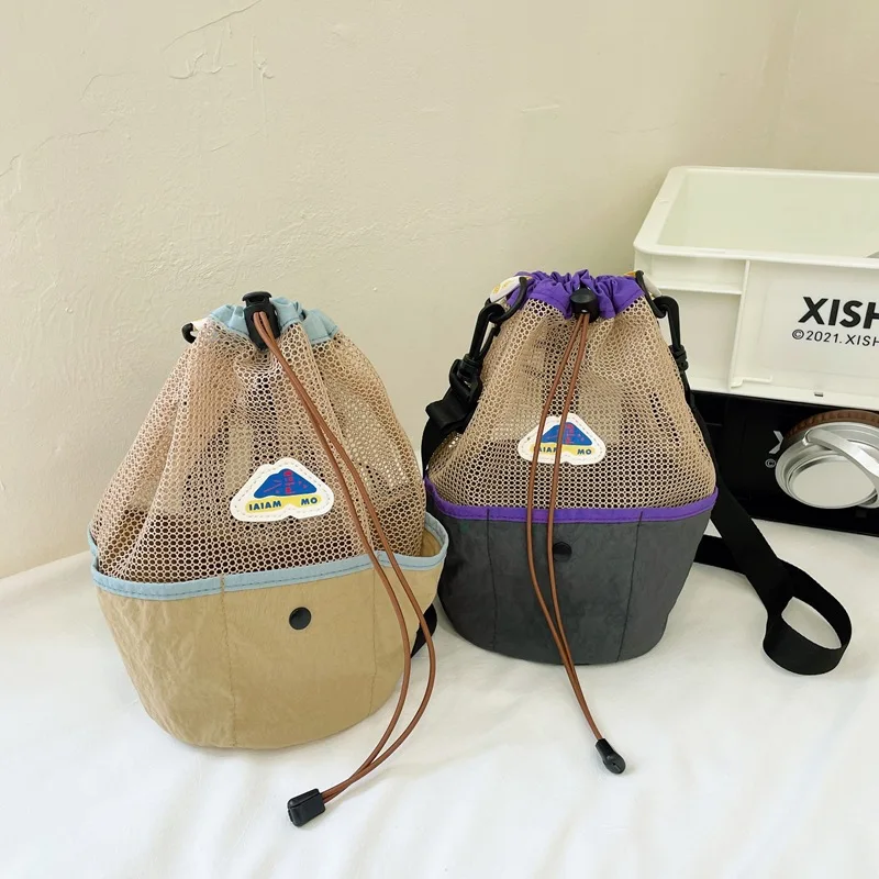 Pull rope mesh splicing collision color men's and women's children's shoulder bag folding children's backpack shoulder bag