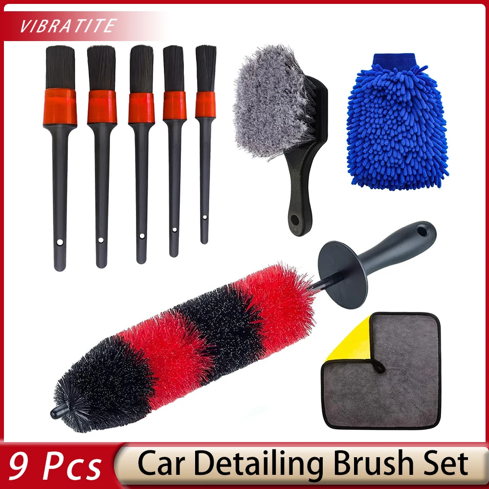 9 Pcs Wheel Tire Brush Set Car Detailing Kit 17inch Long Soft Bristle Wheel Brush Short Handle Tire Brush 5 Car Detail Brushes