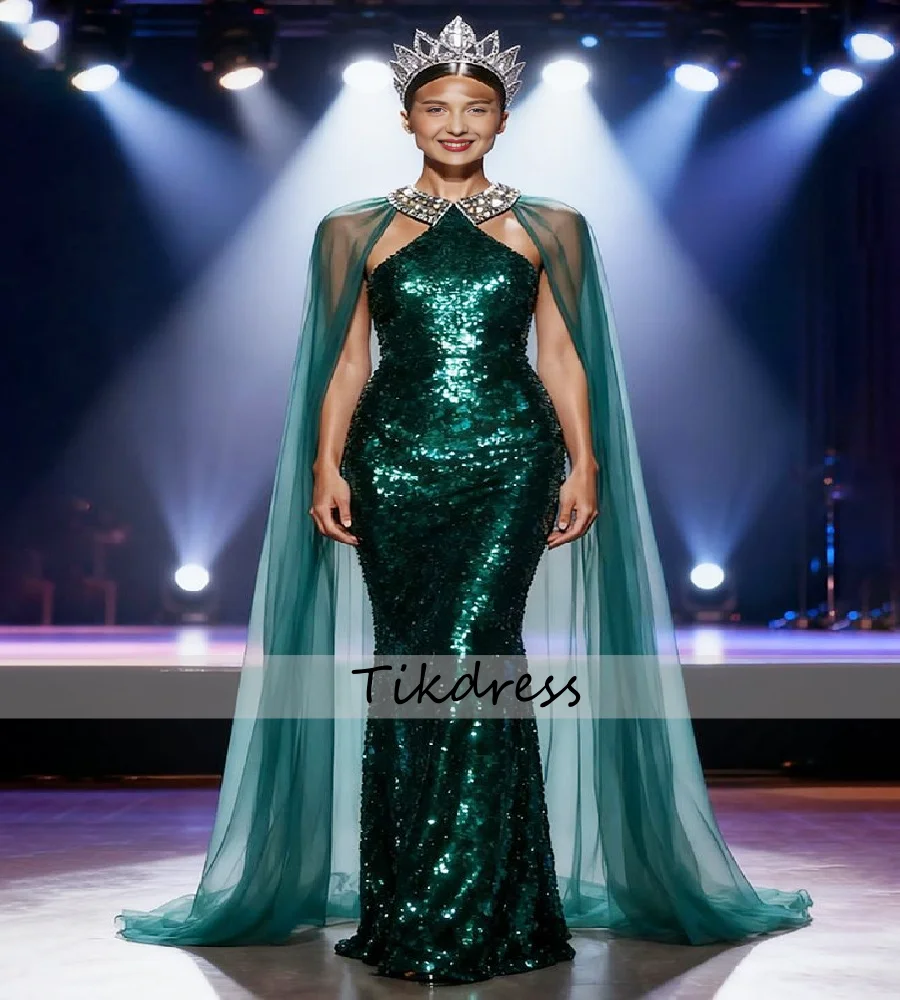 

Sparkly Emerald Green Sequin Evening Dress 2026 Glitter Pageant Mermaid Prom Dress With Cape Arabic Dubai Formal Dress Birthday