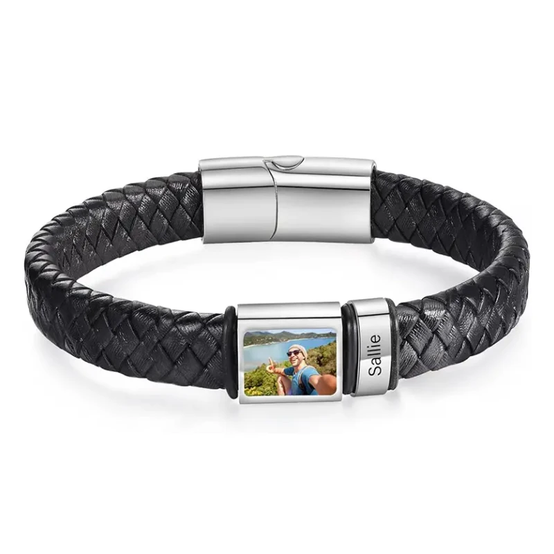Personalized Photo Name Bracelet for Men Custom Picture Bracelet Leather Engraved Name Bracelet Jewelry Gift for Men Boy Husband