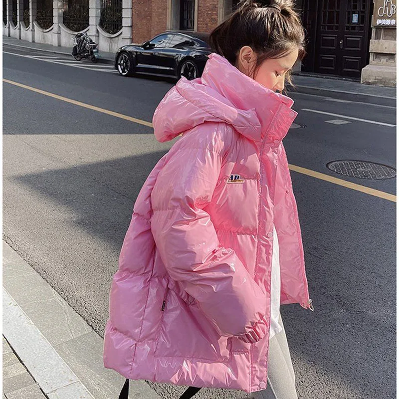 Winter Female Glossy Parkas Jacket Korean Women Fashion Long Sleeved Down Cotton Outwear 2025 Ladies Hooded Cotton Padded Coat