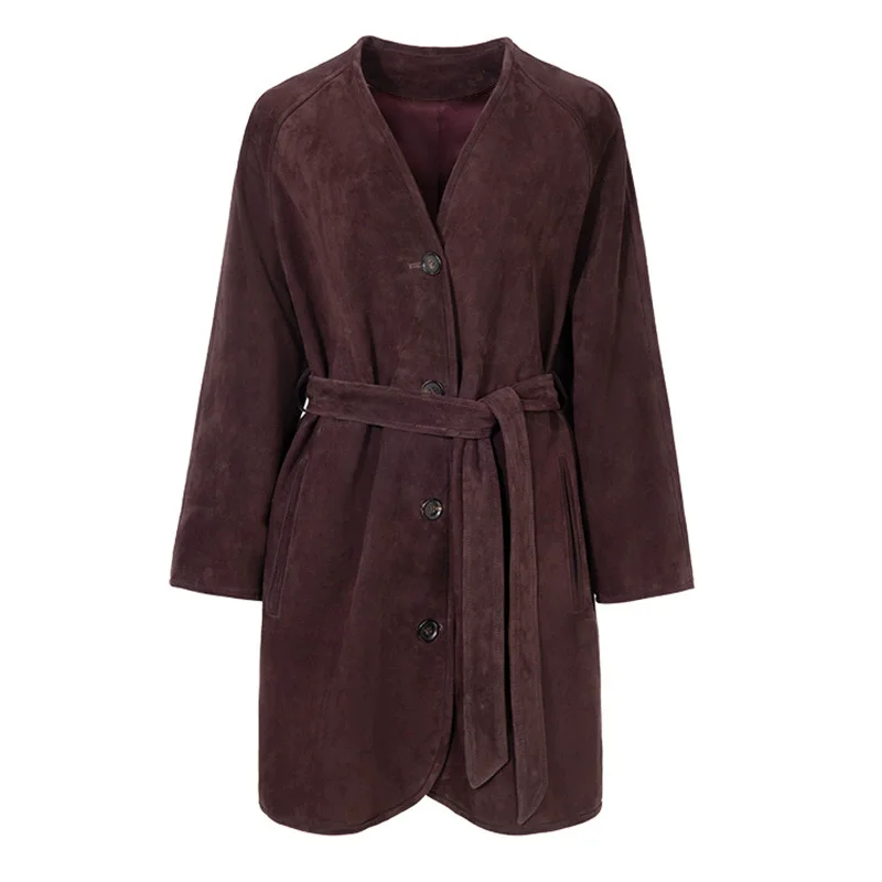 Graben aus 100 % echtem Leder für Damen, Herbst und Winter, hochwertiges Ziegenleder-Wildleder, einreihig, mit Schnürung, mittellanger Damenmantel