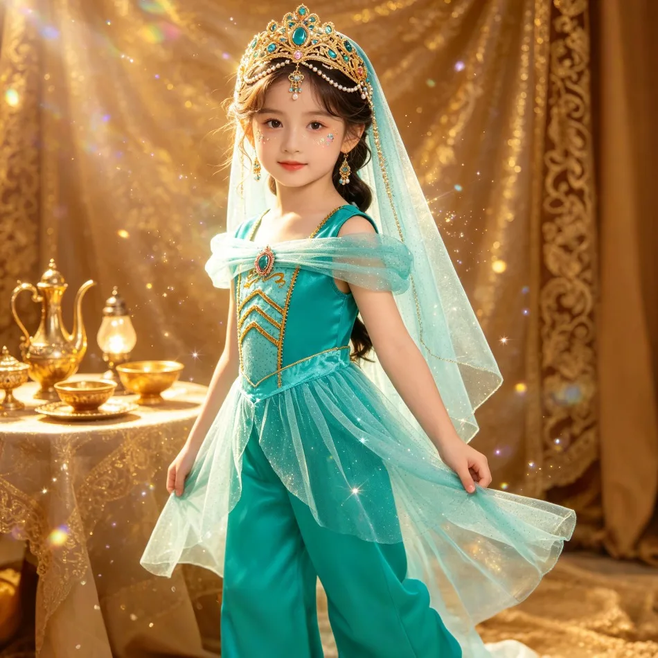 Girls Arabian Party Costume Kids Exotic Princess Jasmine Role Play Set Genie Lamp Crown Jewelry Accessories For Halloween XH42