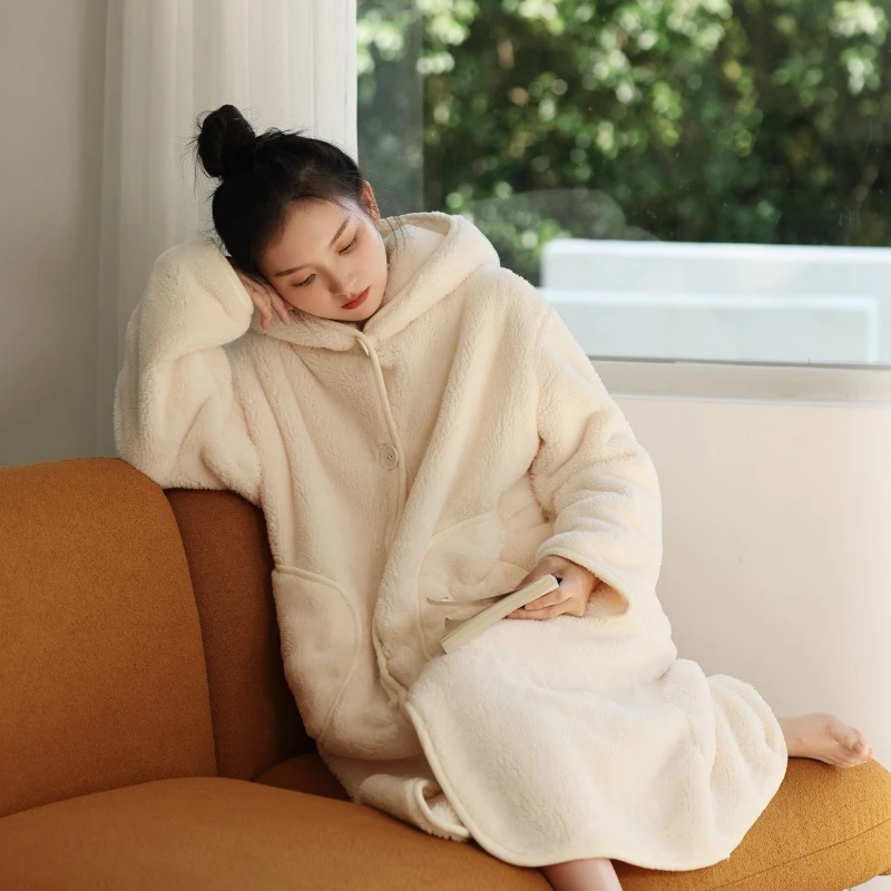 Thickened Coral Fleece Nightgown Hooded Large Pocket Cardigan Robe Loose Oversize Mid-Length Warm Pajamas Home Clothes Women