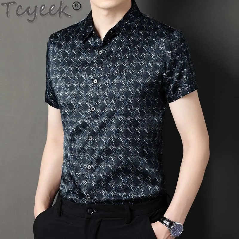 

Tcyeek 93% Mulberry Real Silk High-end Shirt for Men Thin Style Summer Short Sleeve Top Business Casual Mens Shirts Print 2024