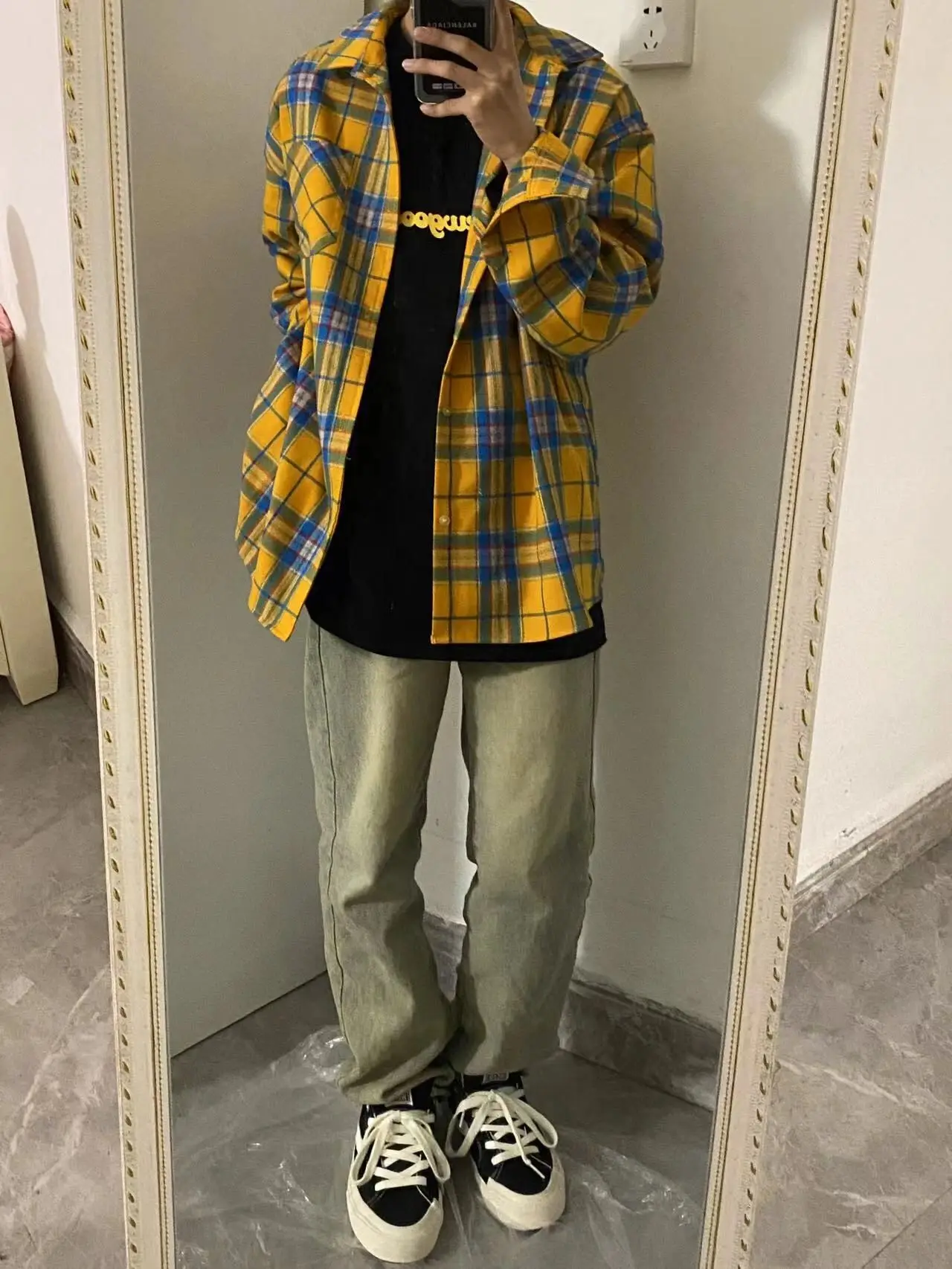 Yellow Plaid Long Sleeve Shirt American Retro Cleanfit Premium Feel Men's Autumn Japanese Style Thin Outerwear Boy's Summer Wear
