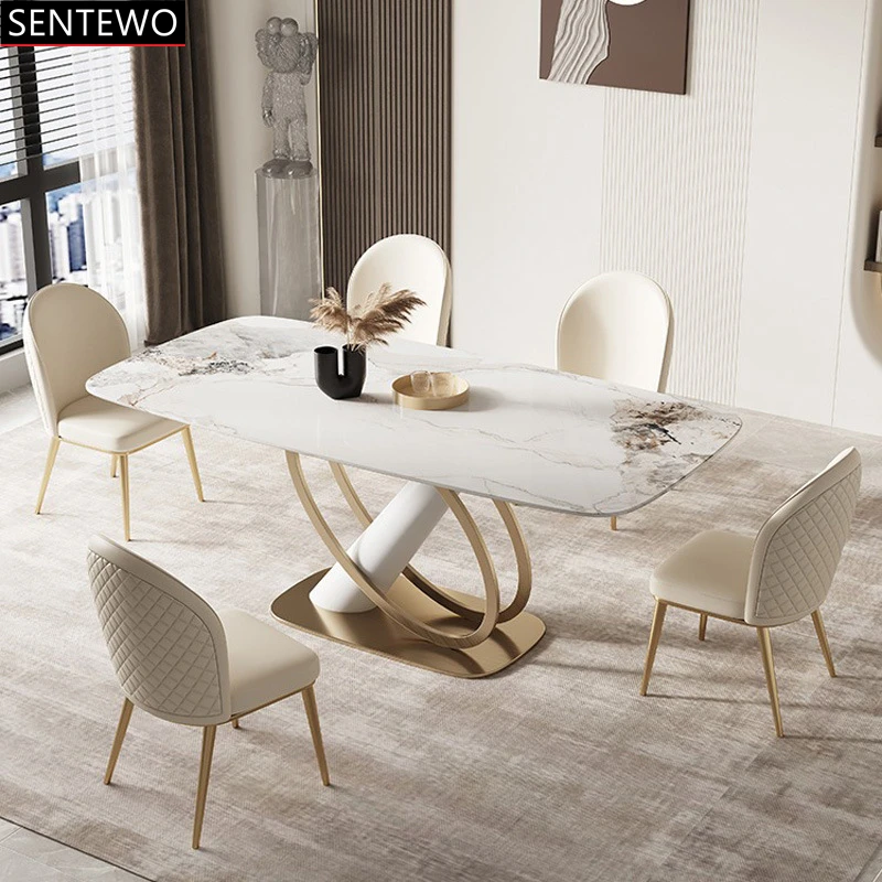 Luxury  Rock Slab dining tables with dinning chairs Stainless steel gold base Faux Marble table dinner chair set eettafels tafel