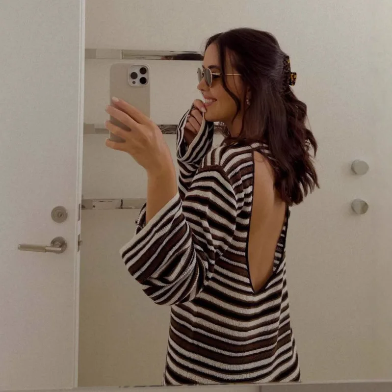 Halbverschluss, hohl, gestreift, langärmelig, gestrickt, Wolle, Wolle, T-Shirt, Rock, gerade, Strand, böhmisches Freizeitkleid