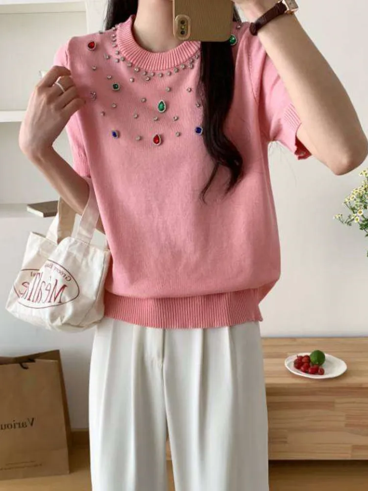 2024 Summer Diamonds Knit T-shirt Sweater Women Short Sleeve O-neck Pullover Tees Elegant Stylish Fashion Loose Ladies Jumpers