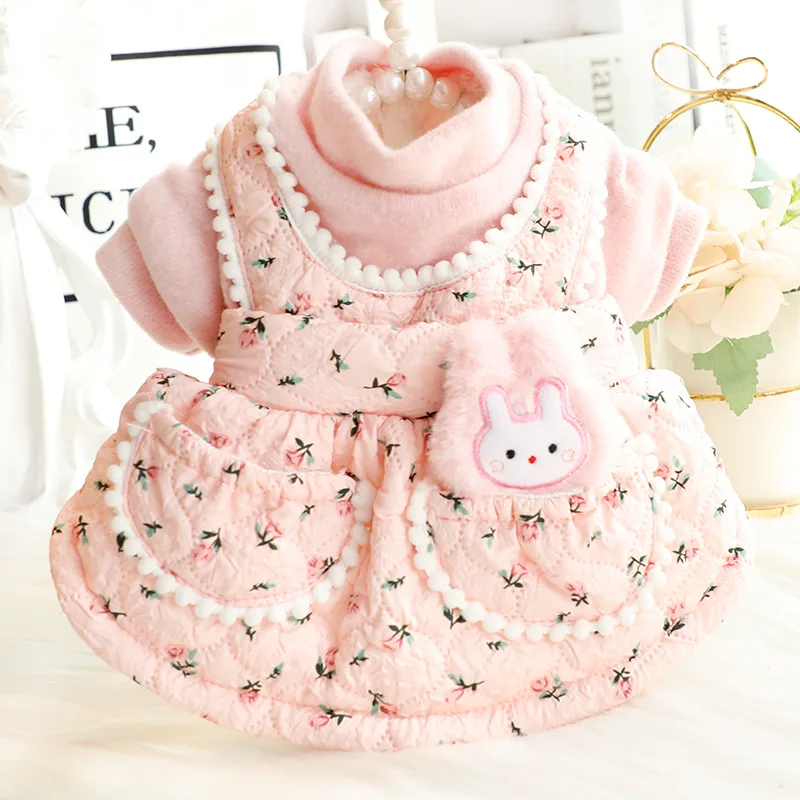 Dog Floral Rabbit Strap Skirt Autumn/Winter Thick Cat Princess Winter Skirt Rabbit Strap Cute Small Dog Teddy Pet Puppy Dress