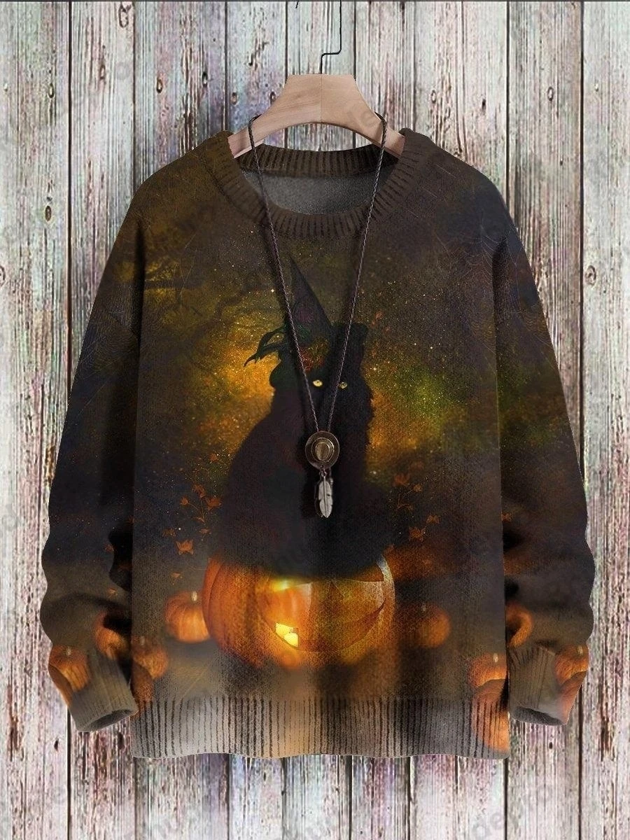 Halloween Black Cat Art Pattern 3D Printed Men's Knitted Pullover Winter Unisex Casual Knit Sweater Funny