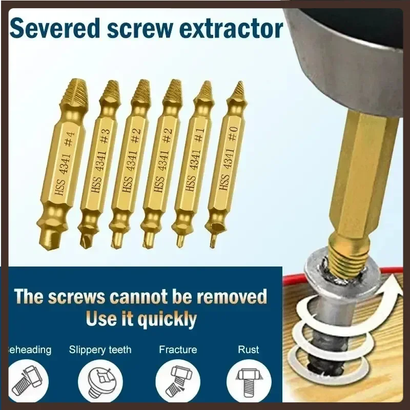 Broken Screw Bolt Stud Remover Puller Center Drill Bit Removal Tools 6Pcs/set Damaged Screwdriver Extractor Set Double Side