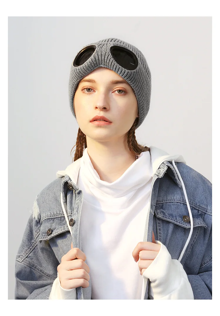 Panama Caps Strickmütze aus Wolle für Herren und Damen, Studenten-Kältemütze, Pilotenbrille, Plüschmütze, modische Outdoor-Wärmemütze H148 – Detail 8