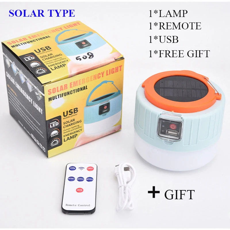 Portátil Solar LED Camping Lamp, Lâmpada recarregável USB, Luzes de tenda ao ar livre, Lanterna de emergência para churrasco, Caminhadas, Pesca, Trabalho, 300W