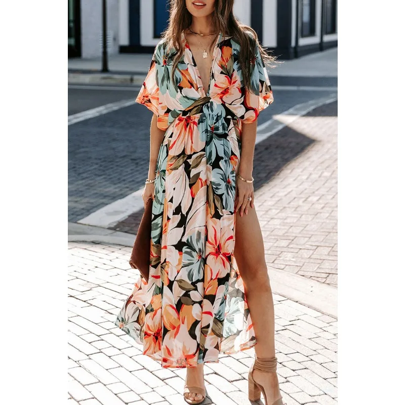 

Summer Print Dress for Women Sexy High Waist Fashion Printed Slit Dresses V-neck Bat Sleeve Vacation Party Lady Loose Vestido