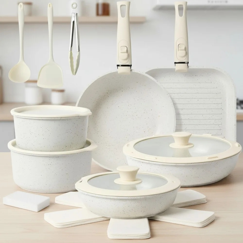 

20 шт., набор керамической посуды с антипригарным покрытием, съемная ручка, штабелируемые индукционные кастрюли, кастрюли, белая кухня