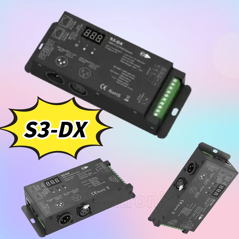 

S3-DX 3-канальный декодер светодиодной ленты DMX512 с RF 3-канальным контроллером RDM XLR3 и RJ45 для светодиодных фонарей RGB AC110V-220V Высокое напряжение