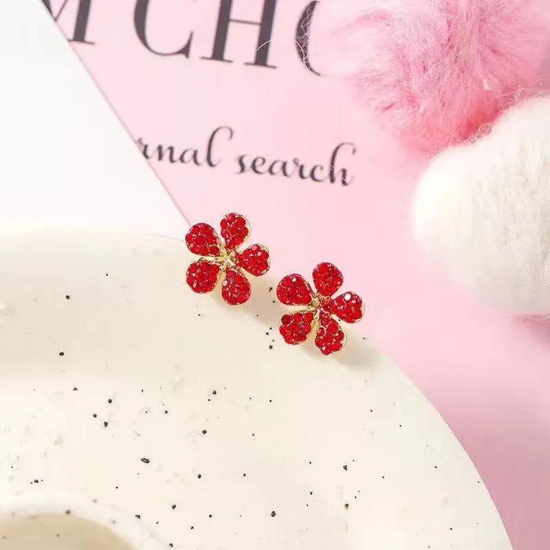 Wholesale New Design Crystal Red Heart Stud Earrings for Women Fashion Brand Jewelry Cherry Fruit Earrings Accessories