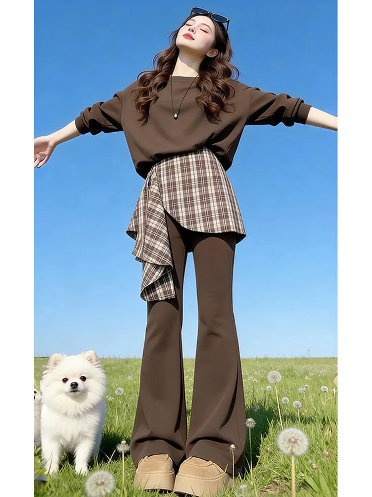 

Early Spring Fashionable American Design Shoulder Bared Sweatshirt Plaid Micro Flared Pants Three Piece Set Women Casual Wear