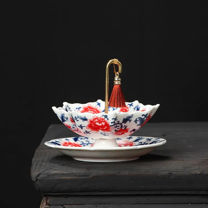Umbrella Shape Ceramic Tea Strainer Chinese Blue & White Porcelain Loose Leaf Filter Rotating Design Multi-Purpose Tea Infuser
