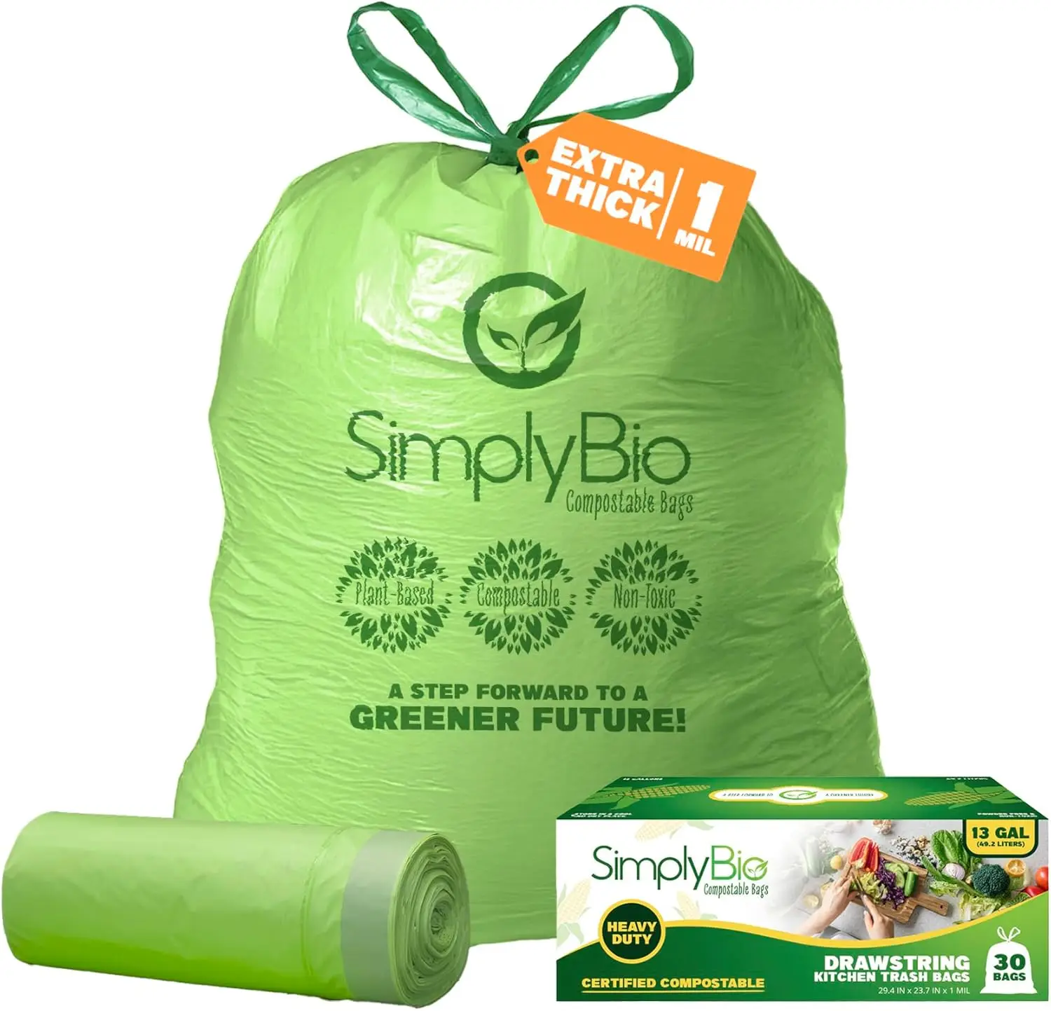 

13 Gallon Compostable Trash Bags with Drawstring, Heavy Duty 1 Mil Thick, 30 Count, Certified Eco-Friendly