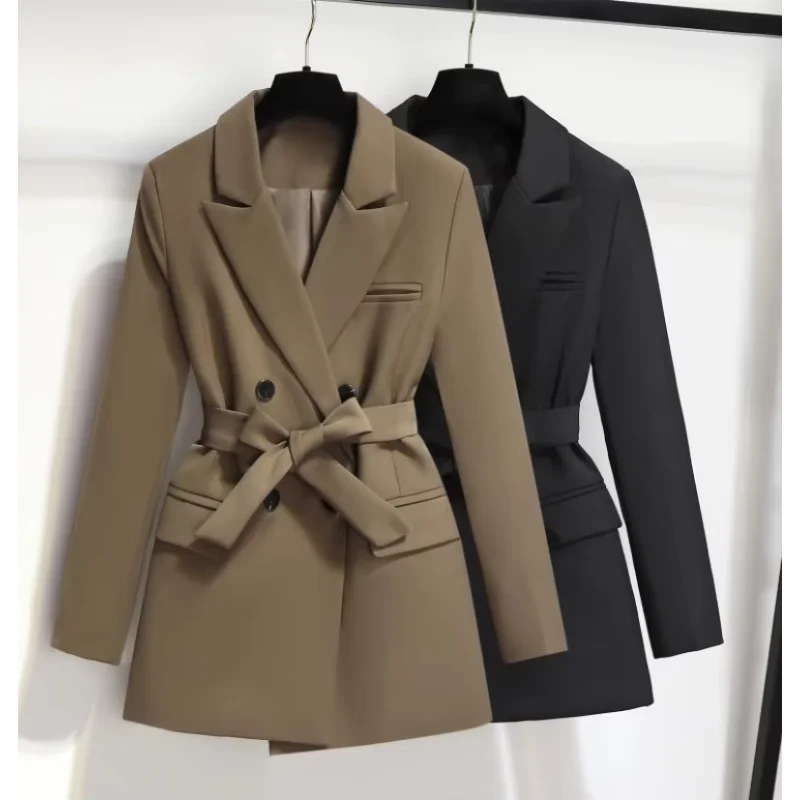 Luxury Design Sense Black Suit Jacket Feminine Korean Style Light Mature Gentle Wind Small Waist Trench Coat Top