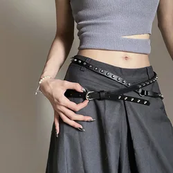 New Punk Cowboy Style Double Loop Belt with Bucket Nails, Extra Long Thin Belt, Casual Versatile Rivet Belt