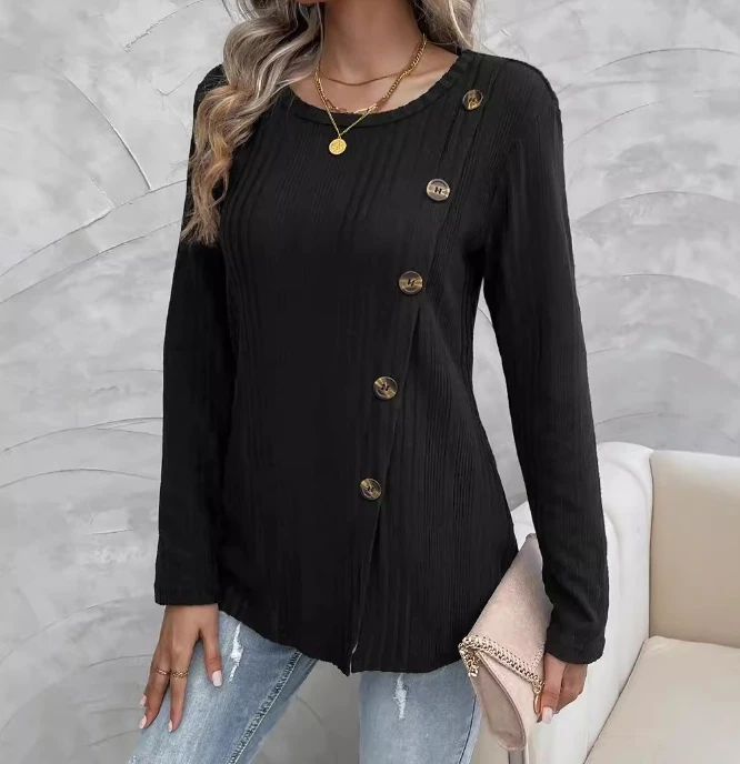 

Autumn Fashion New Long Sleeved Top Temperament Round Neck Slit Button Long Sleeved Shirt for Women Shipped Within 48 Hours