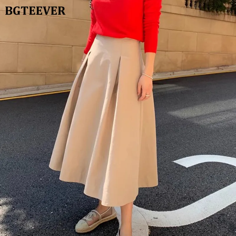BGTEEVER Stylish High Waist Ladies Mid-Length Skirts Elegant Loose Spring Summer Women A-line Skirts