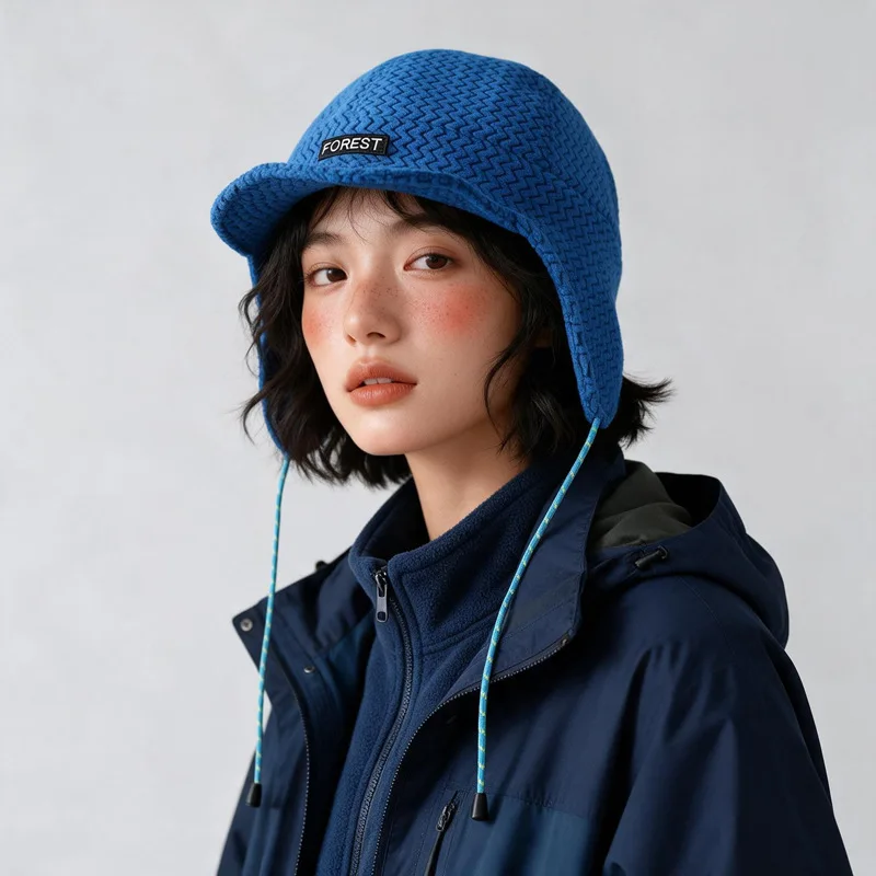 Japanese Minimalist Sticker Design Pilot Caps for Men and Women Winter Outdoor Cyclingthick and Warm Ear Protection Bomber Hats