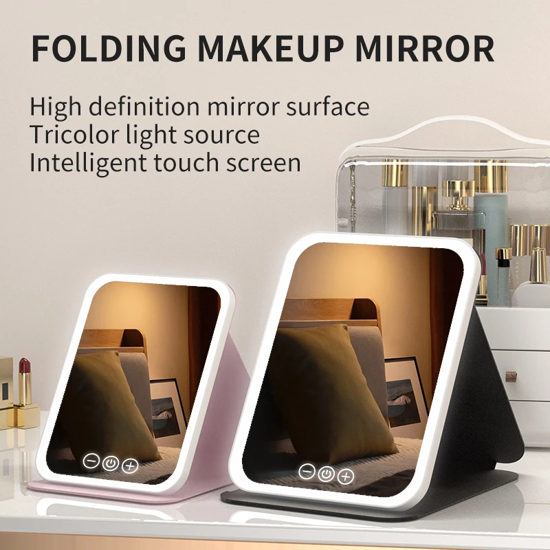 3 Colors Dimmable LED Makeup Mirror with Touch Screen Fold Cosmetic Makeup Mirror Rechargeable Tabletop for Travel & Home Use