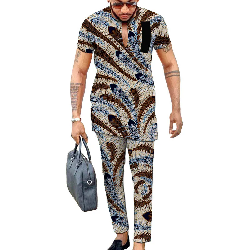 

African Fashion Men's V-Neck Tops+Trousers Block Wax Colorful Print Male Pant Suits Wedding Party Garment