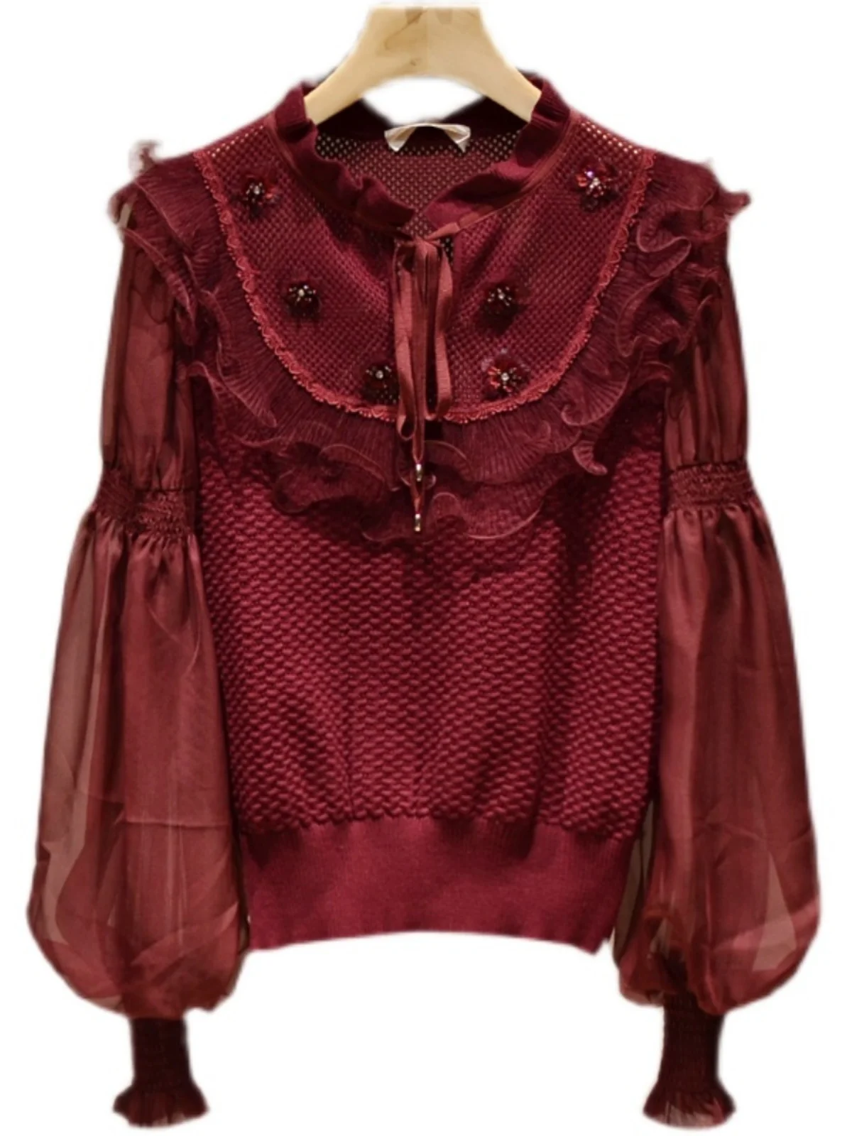 เสื้อถักทรงหลวม คอตั้ง แต่งลูกไม้ ดีไซน์วินเทจแบบโปร่ง ช่วยให้ดูผอมเพรียว คอลเลคชั่นต้นฤดูใบไม้ผลิ รุ่นใหม่ Sle JOOva Ladi...