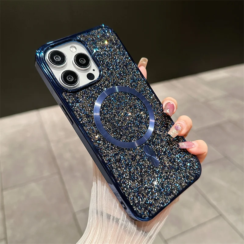 Funda de teléfono de diamante Flash de lujo para iPhone 15, 14, 13, 12, 11 Pro Max Plus, carga inalámbrica magnética, cubierta trasera a prueba de golpes