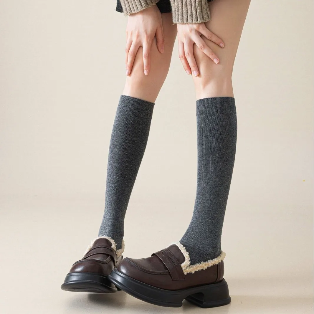1 pair Solid Color Ribbed Knee Socks Ladies Elastic Thin Long Socks Comfort Simple Daily Wear Leg Warmers