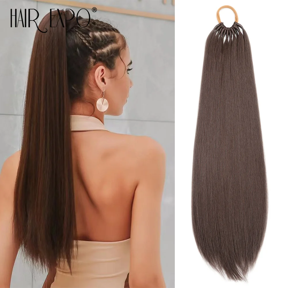 

24" Ponytail Extensions Synthetic Straight Ponytail Wrap Around Elastic Hair Band Pre Stretched Braiding Hair With Rubber Band