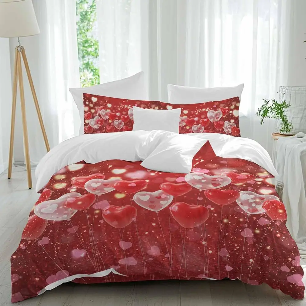 

Valentine's Day Sheet Set, Dreamy Red White Pink Love Heart Balloons Red Sparkle Glitter 4 Pieces Breathable Sot Duvet Cover Set